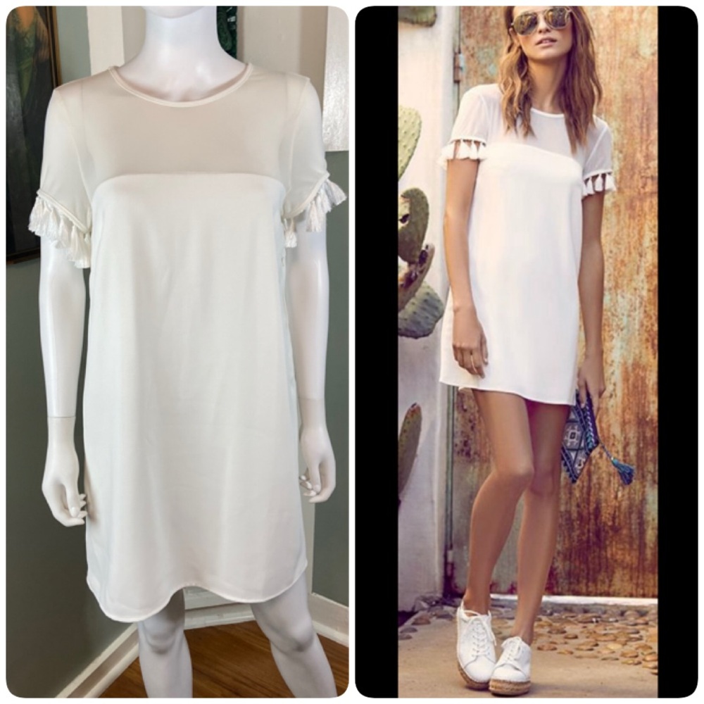 Lulu's Iced Latte White Shift Mesh Mini Dress Tassel Fringe Sleeves Medium M